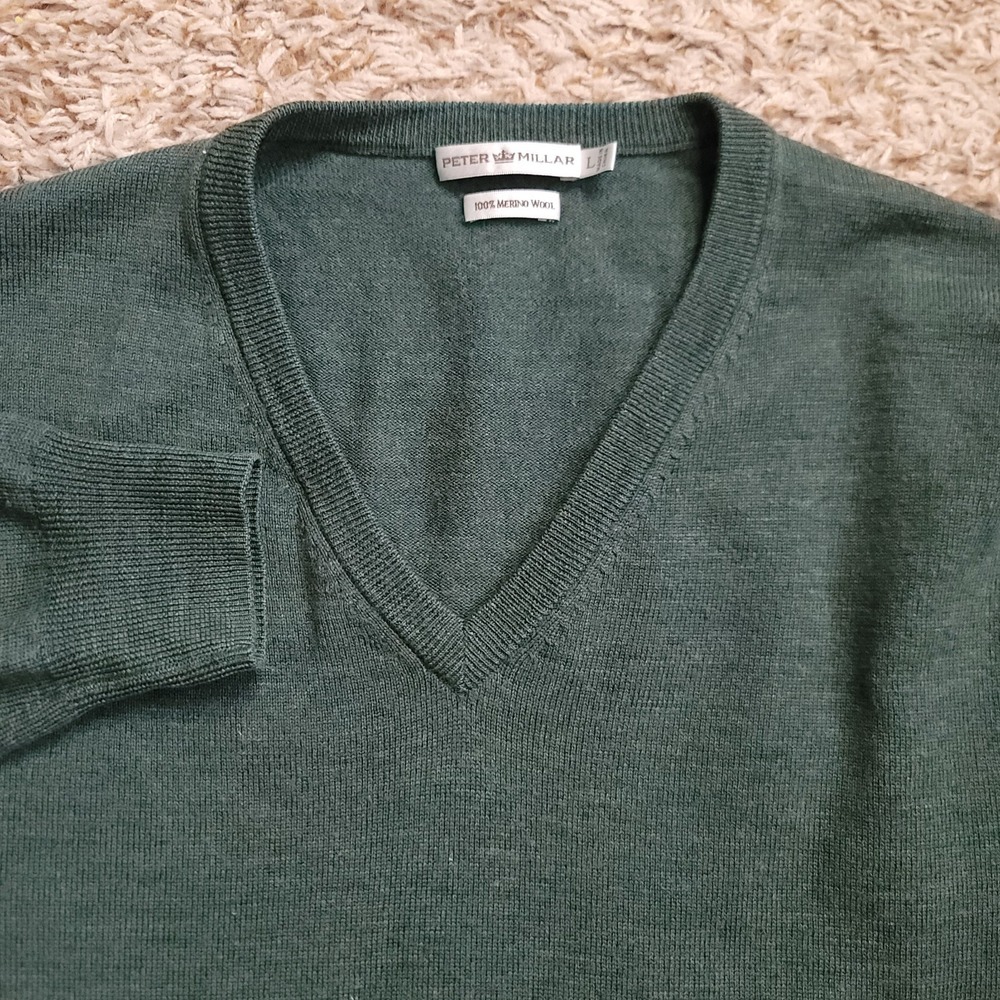 Peter Millar 100% Merino Wool Men Sz‎ L Green Long Sleeve Pullover Sweater